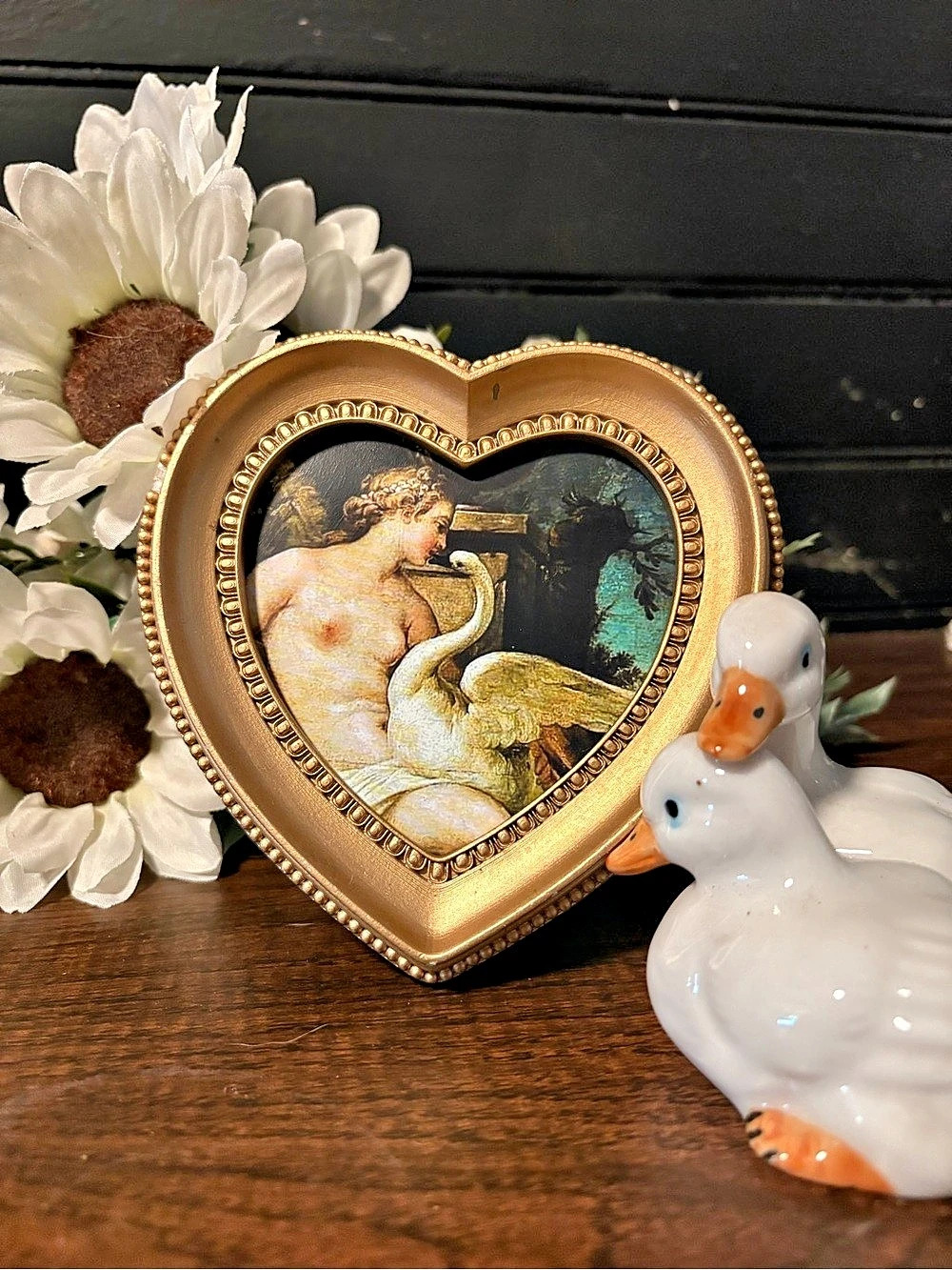 Framed Art Print – Leda and the Swan in Gold Heart Frame